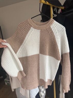 Mango Beige and White Colorblock Crewneck Sweater